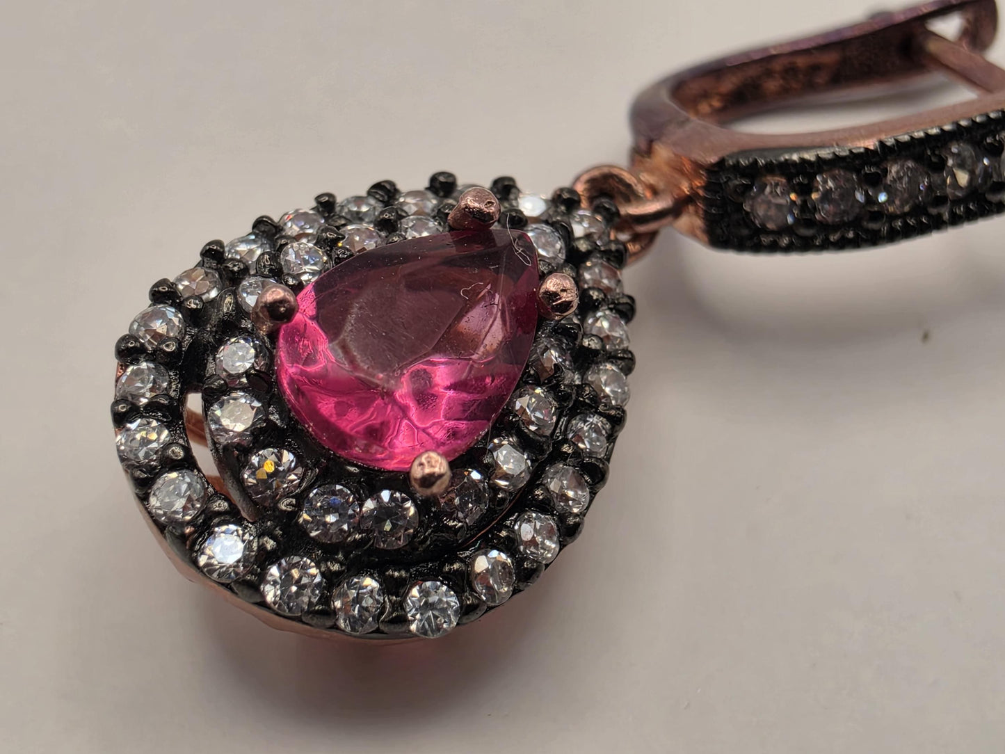 Rose Gold Plated Sterling Silver Lab Created Ruby CZ Drop Earrings 28mm Pear Double Halo Dangle July Birthstone Gift