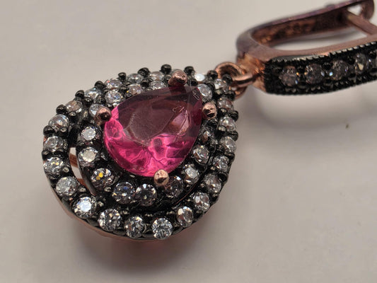Rose Gold Plated Sterling Silver Lab Created Ruby CZ Drop Earrings 28mm Pear Double Halo Dangle July Birthstone Gift