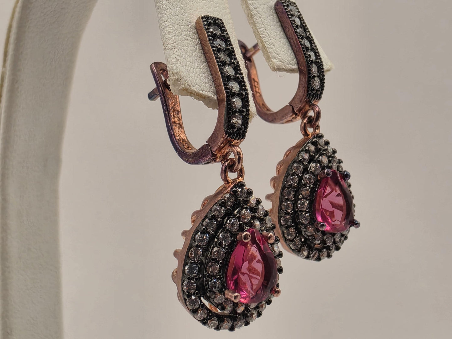 Rose Gold Plated Sterling Silver Lab Created Ruby CZ Drop Earrings 28mm Pear Double Halo Dangle July Birthstone Gift