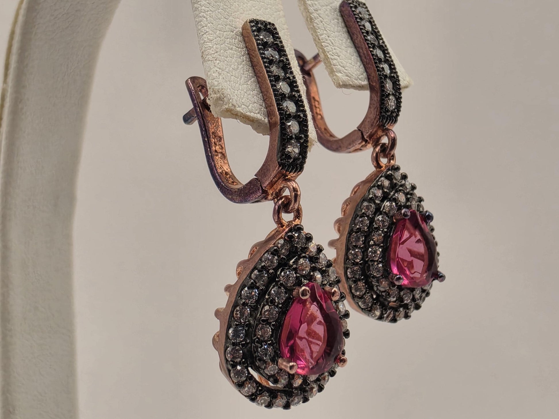 Rose Gold Plated Sterling Silver Lab Created Ruby CZ Drop Earrings 28mm Pear Double Halo Dangle July Birthstone Gift