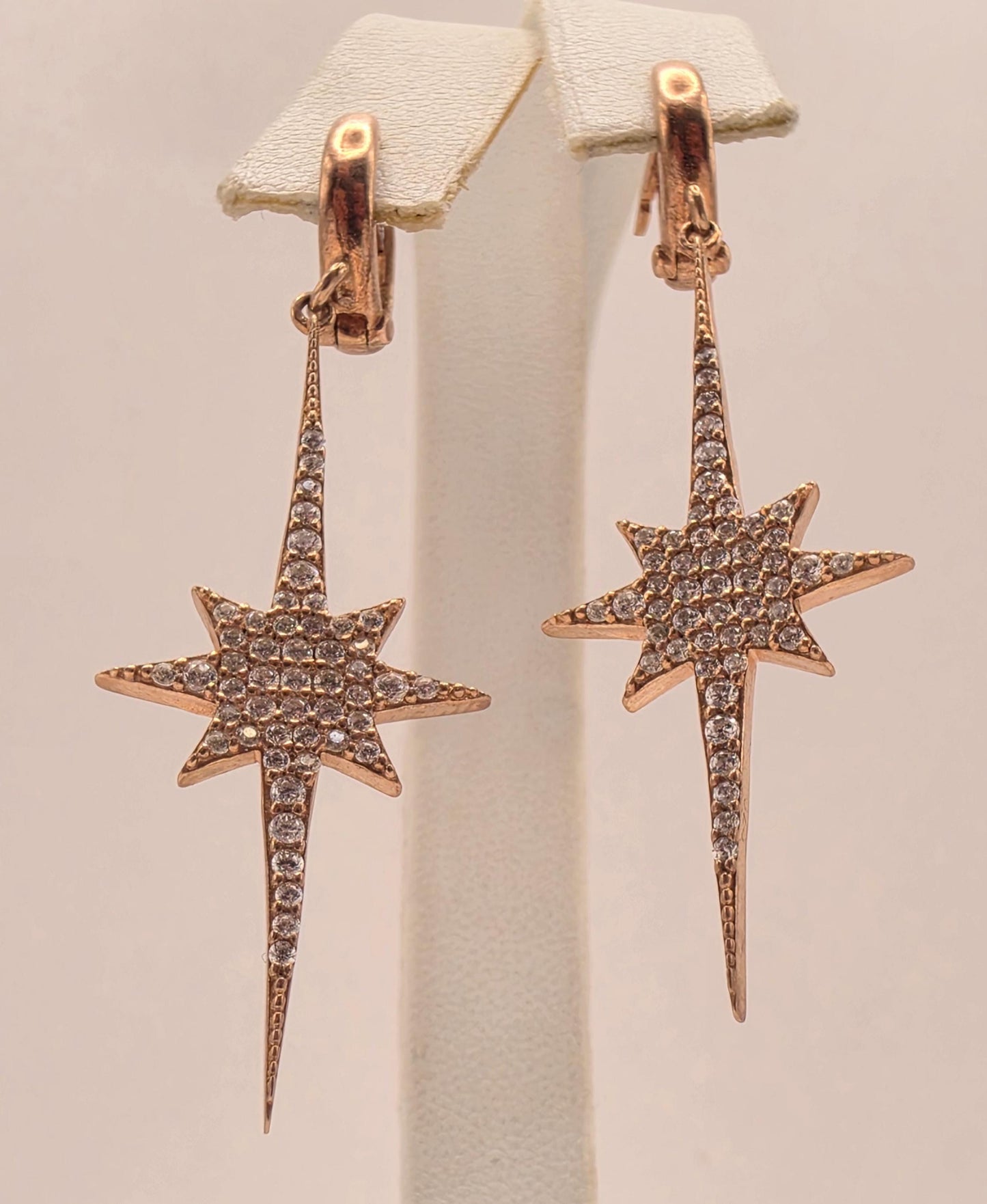 Rose Gold Plated Sterling Silver CZ Starburst Drop Earrings 58mm Celestial Pave Dangle Statement Gift for Her
