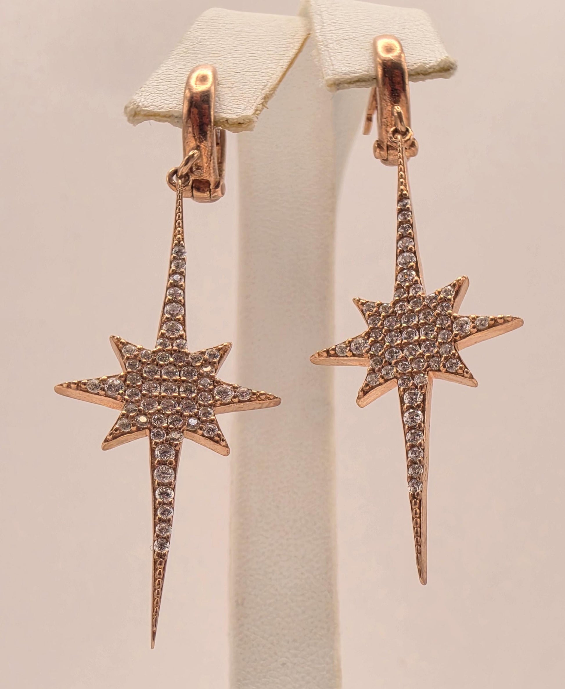 Rose Gold Plated Sterling Silver CZ Starburst Drop Earrings 58mm Celestial Pave Dangle Statement Gift for Her