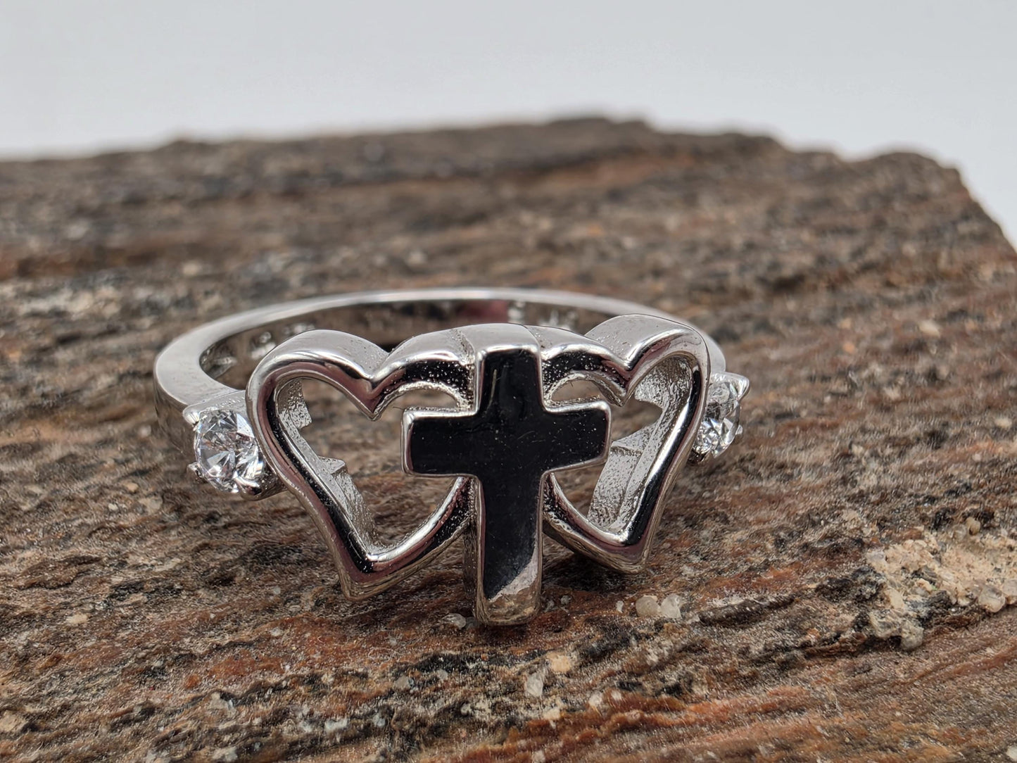 Sterling Silver Cross and Heart Ring Size 6 CZ Accent Christian Faith Love Symbol 2.2 Grams Gift for Her