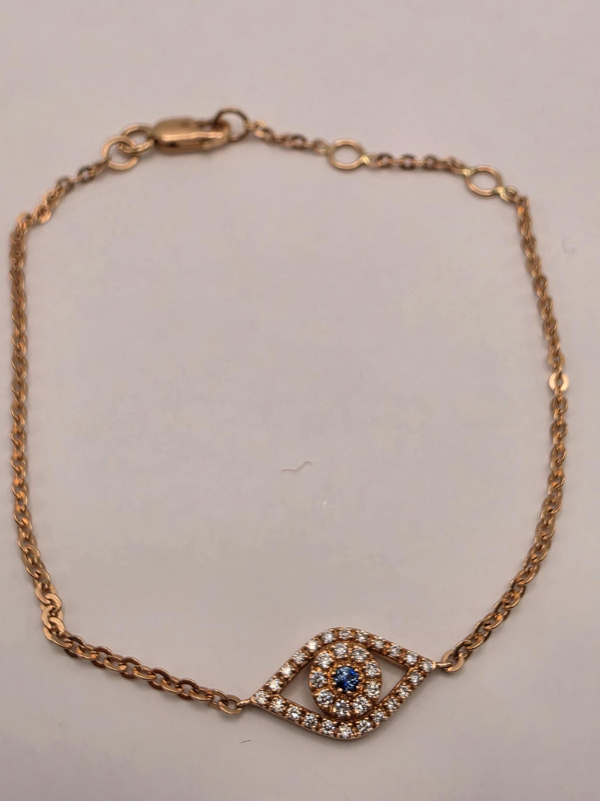 14K Rose Gold Evil Eye Bracelet, Blue Sapphire & 0.16 CT Natural Diamond, Adjustable 7 Inch Fine Jewelry