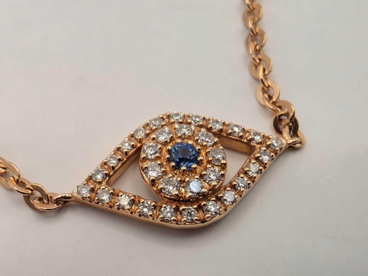 14K Rose Gold Evil Eye Bracelet, Blue Sapphire & 0.16 CT Natural Diamond, Adjustable 7 Inch Fine Jewelry