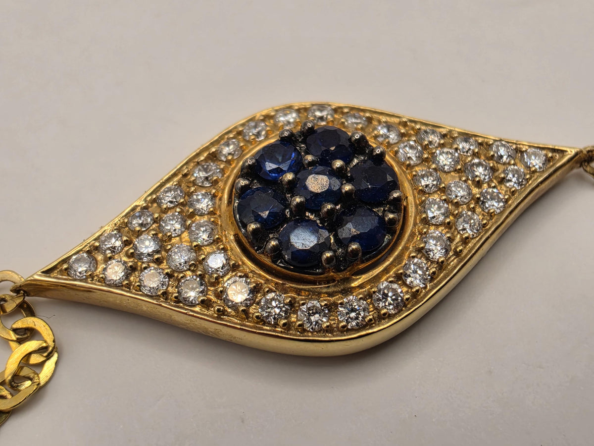 14K Yellow Gold Evil Eye Bracelet, 0.27 CT Blue Sapphire & 0.26 CT Natural Diamond, 7 Inch Fine Jewelry