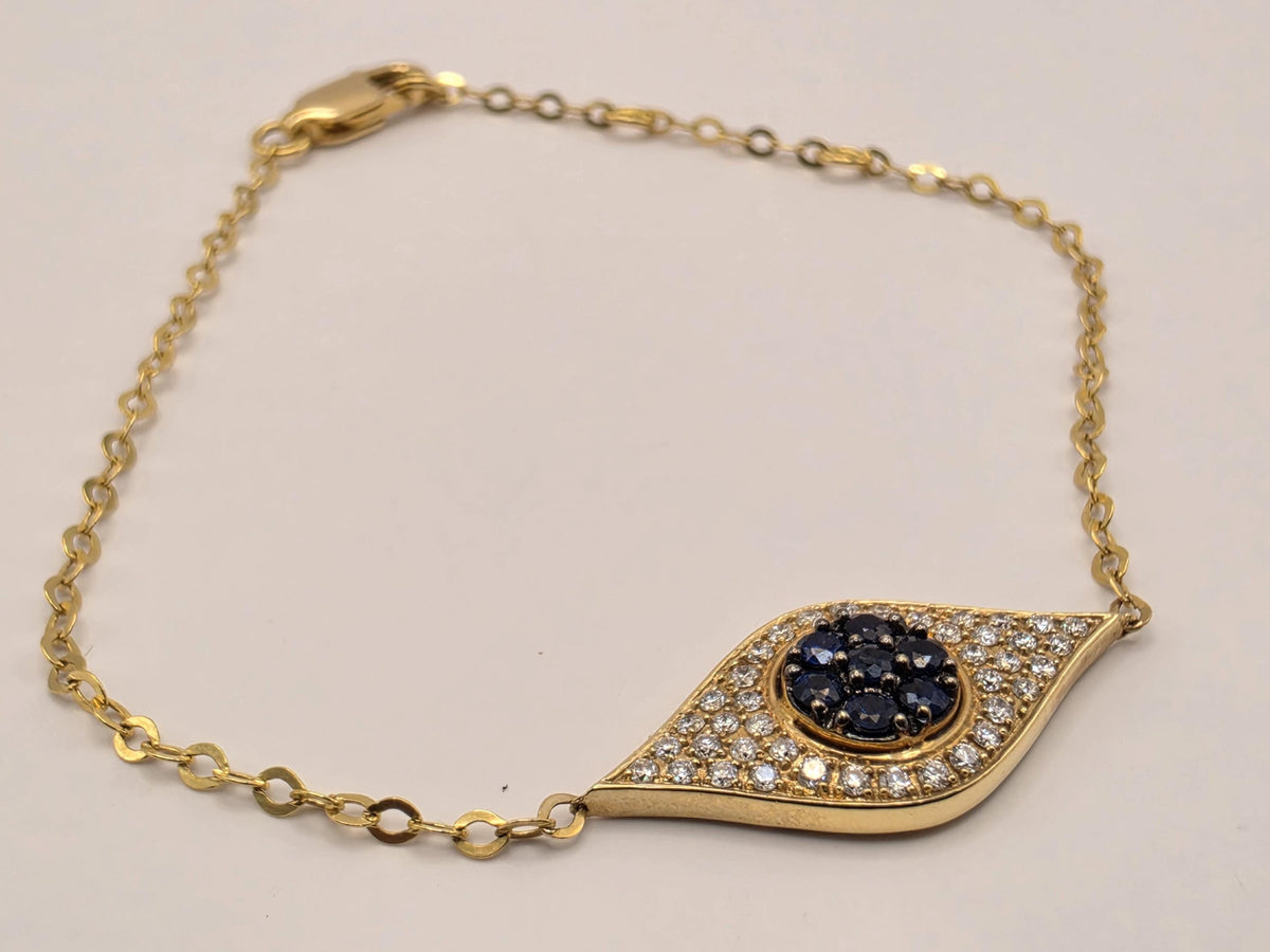 14K Yellow Gold Evil Eye Bracelet, 0.27 CT Blue Sapphire & 0.26 CT Natural Diamond, 7 Inch Fine Jewelry