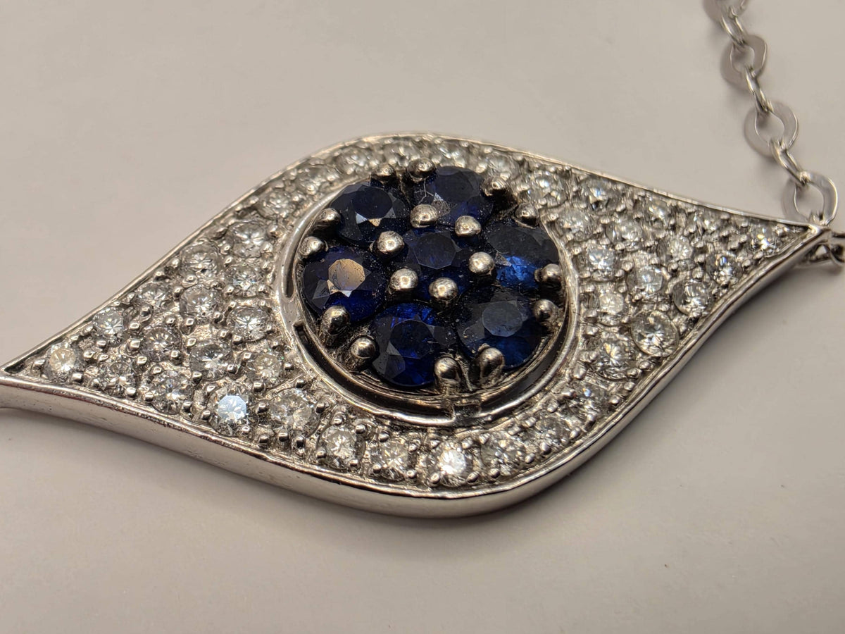14K White Gold Evil Eye Bracelet, Blue Sapphire & Lab-Grown Diamond Pavé, Adjustable 7 Inch Fine Jewelry