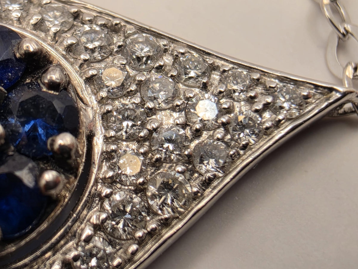 14K White Gold Evil Eye Bracelet, Blue Sapphire & Lab-Grown Diamond Pavé, Adjustable 7 Inch Fine Jewelry