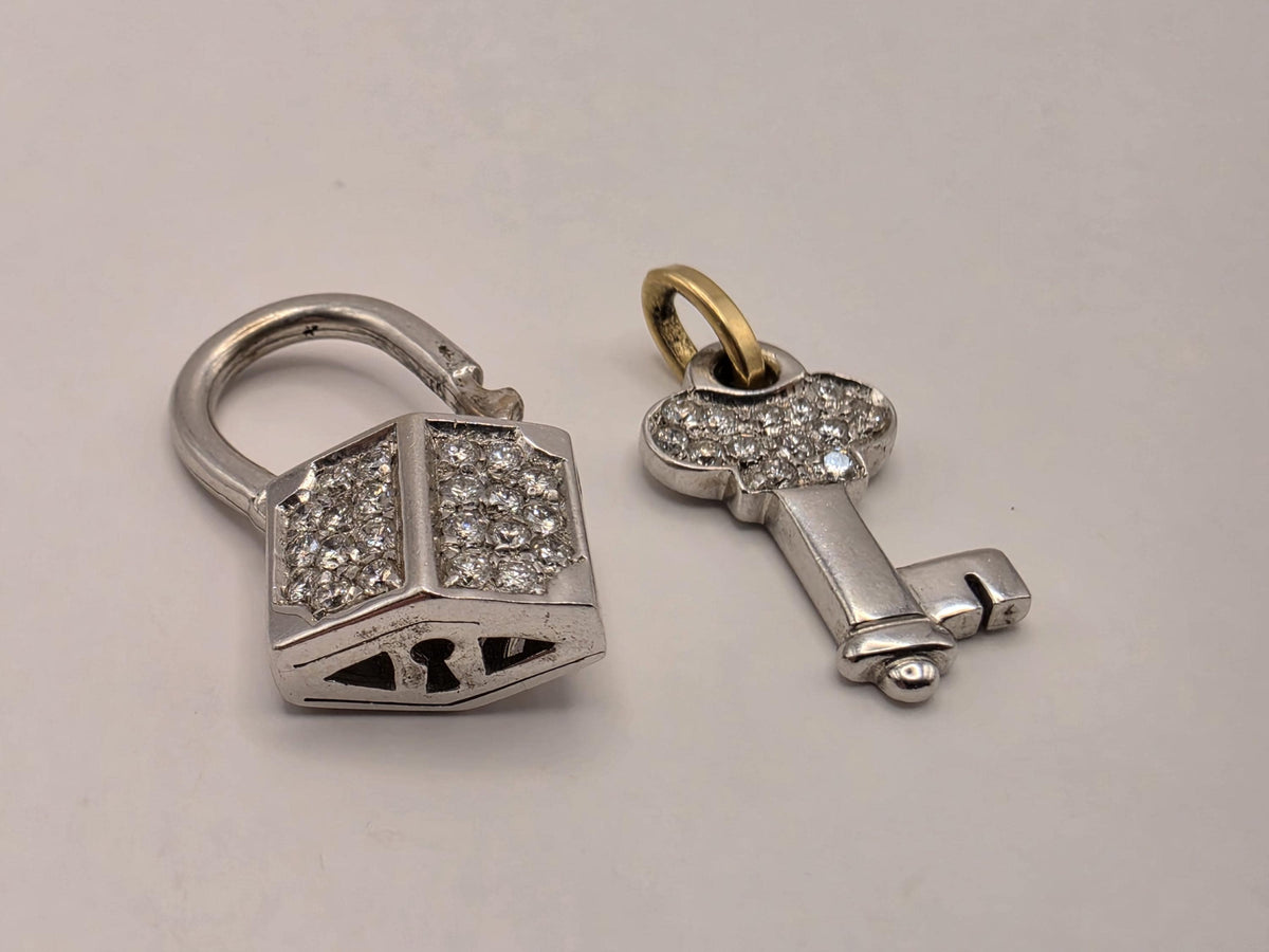 14K White & Yellow Gold Lock and Key Pendant, Lab-Grown Diamond Pavé, 5.7g Mixed Metal Fine Jewelry Charm