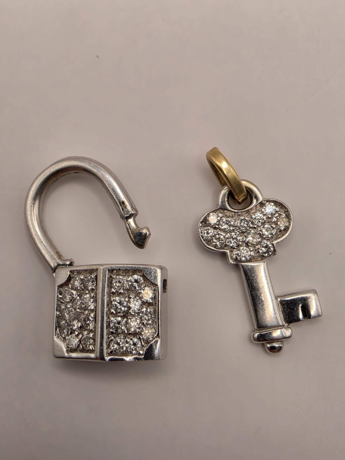 14K White & Yellow Gold Lock and Key Pendant, Lab-Grown Diamond Pavé, 5.7g Mixed Metal Fine Jewelry Charm