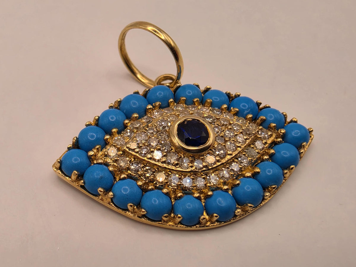 14K Yellow Gold Evil Eye Pendant, 1.29 CT Turquoise, Blue Sapphire & Diamond, 2.4g Fine Jewelry Charm