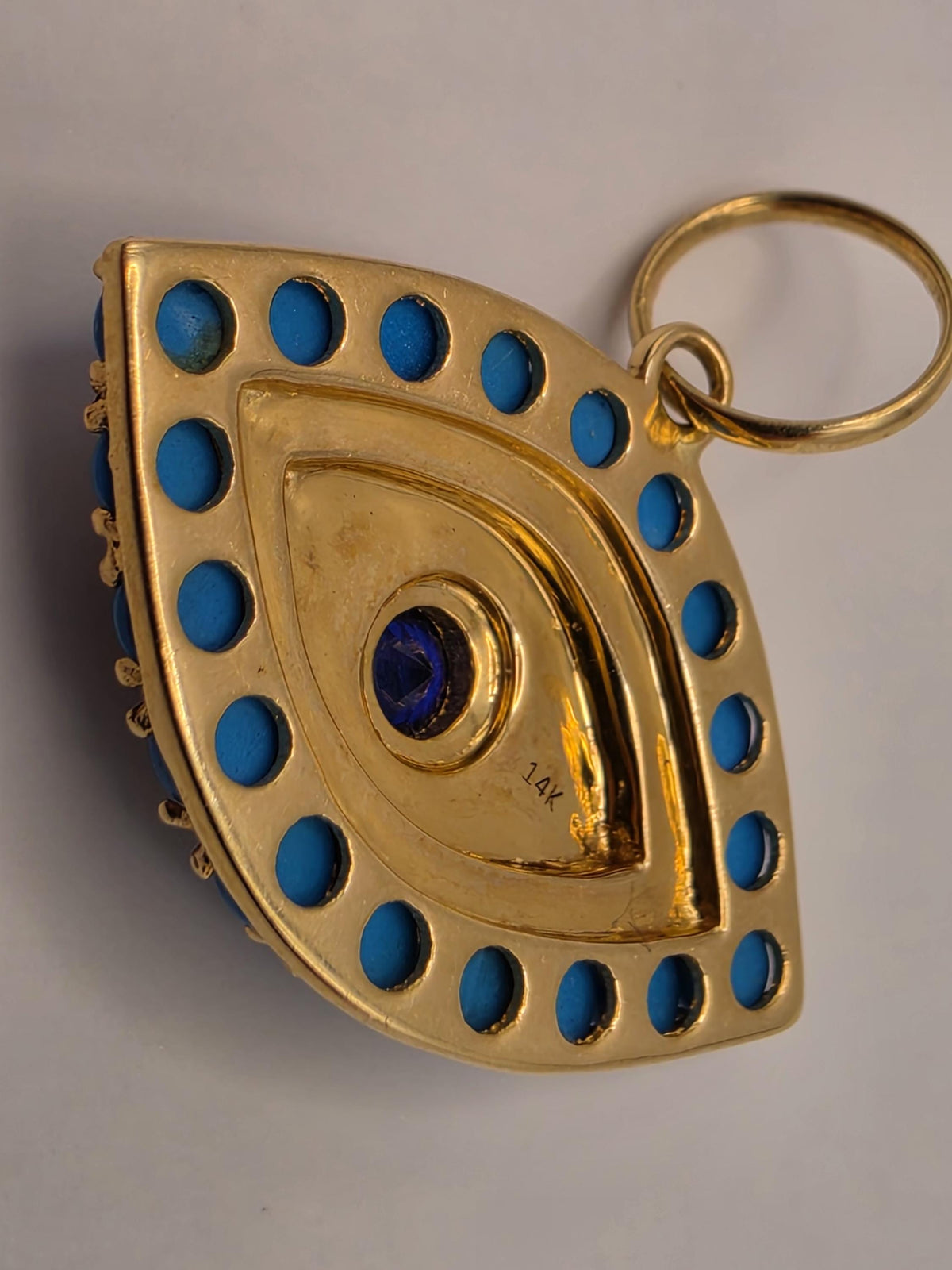14K Yellow Gold Evil Eye Pendant, 1.29 CT Turquoise, Blue Sapphire & Diamond, 2.4g Fine Jewelry Charm