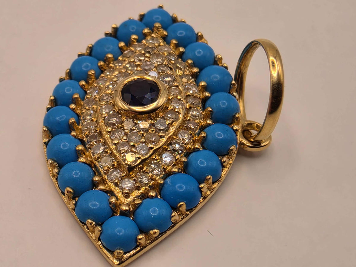 14K Yellow Gold Evil Eye Pendant, 1.29 CT Turquoise, Blue Sapphire & Diamond, 2.4g Fine Jewelry Charm