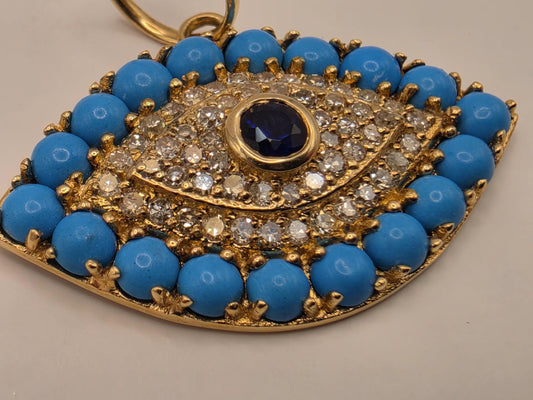 14K Yellow Gold Evil Eye Pendant, 1.29 CT Turquoise, Blue Sapphire & Diamond, 2.4g Fine Jewelry Charm