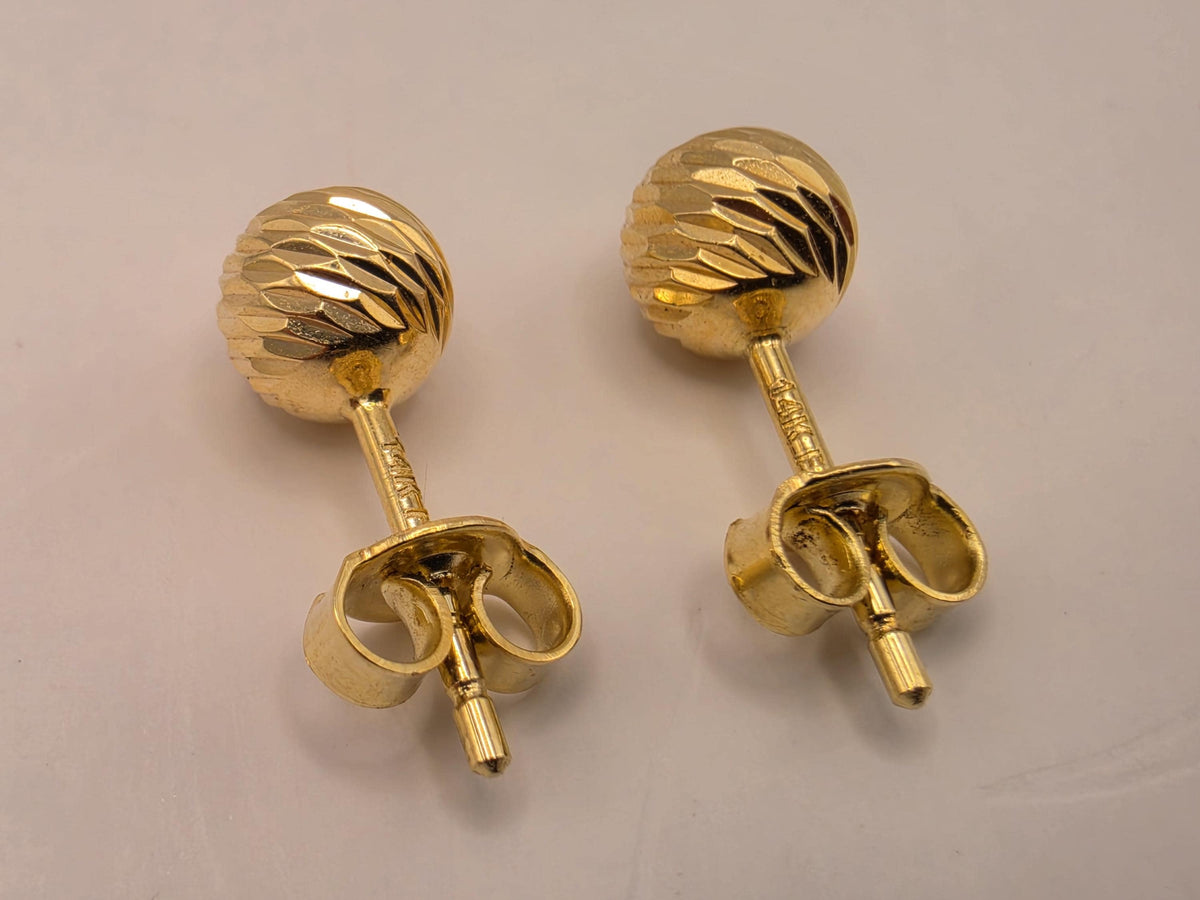 14K Yellow Gold Diamond-Cut Ball Stud Earrings, 0.25 Inch, 1.1g Textured Fine Jewelry