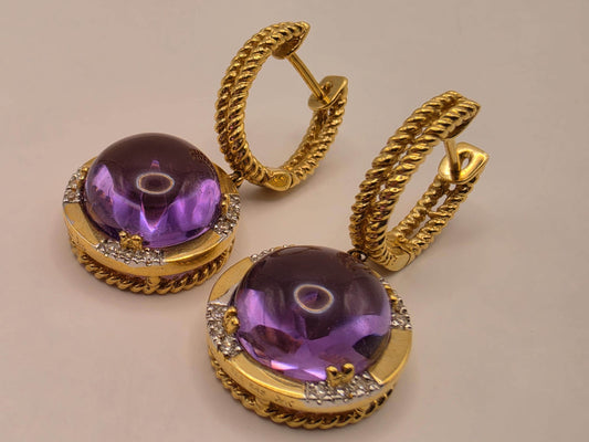 14K Yellow Gold 10.16 CT Amethyst Drop Earrings, Diamond Accents, 7.9g Estate Fine Jewelry
