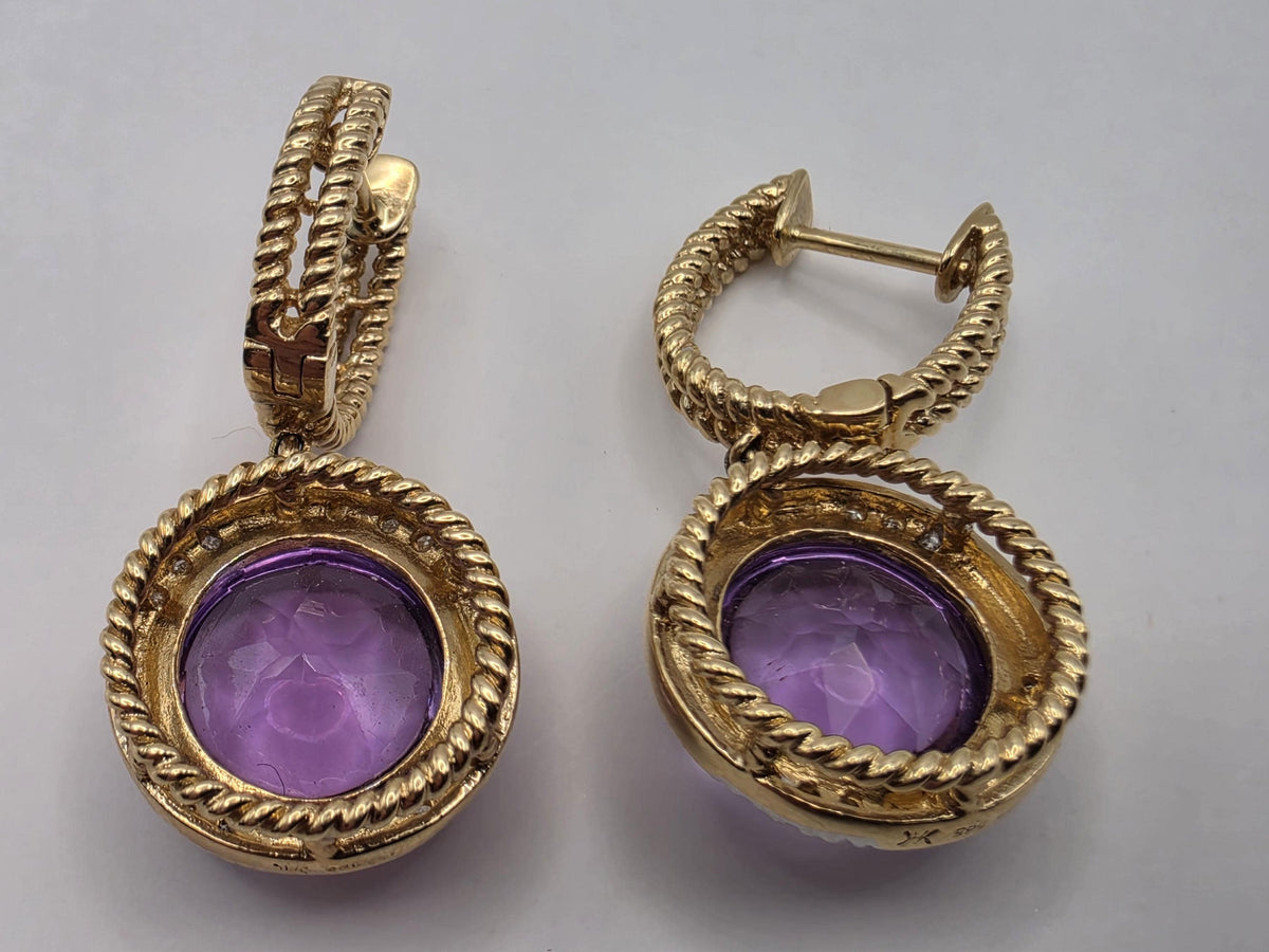 14K Yellow Gold 10.16 CT Amethyst Drop Earrings, Diamond Accents, 7.9g Estate Fine Jewelry