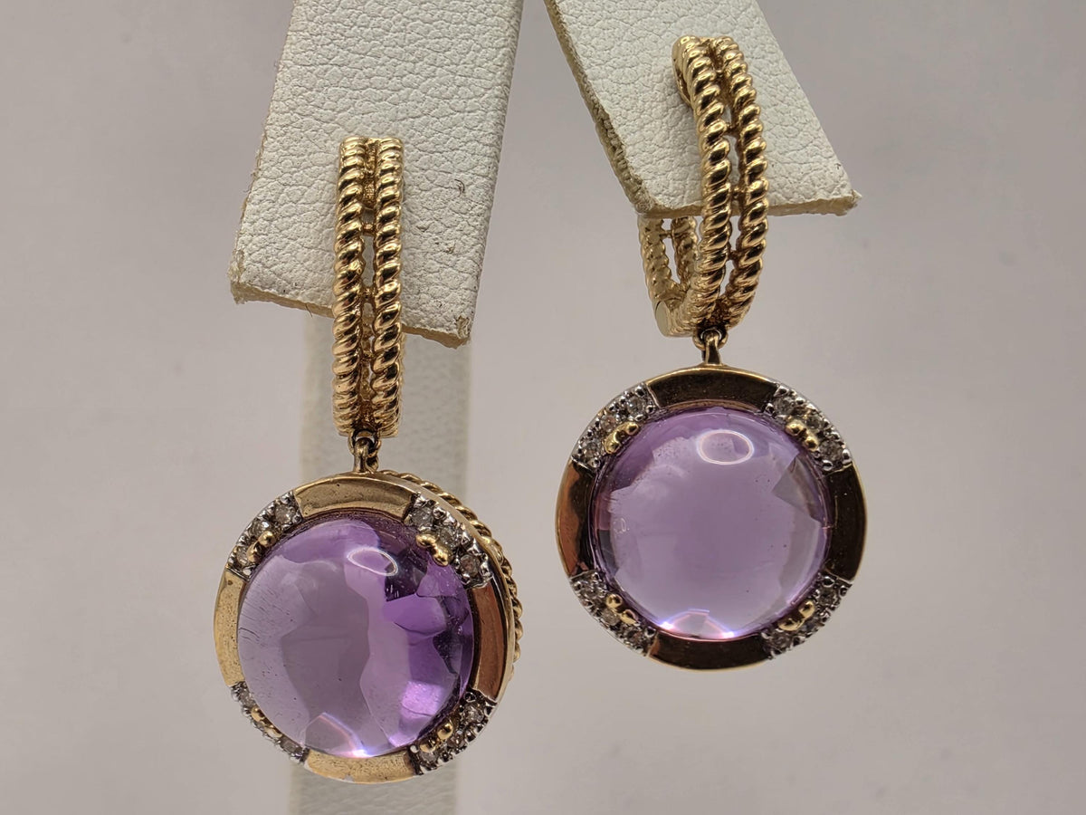 14K Yellow Gold 10.16 CT Amethyst Drop Earrings, Diamond Accents, 7.9g Estate Fine Jewelry