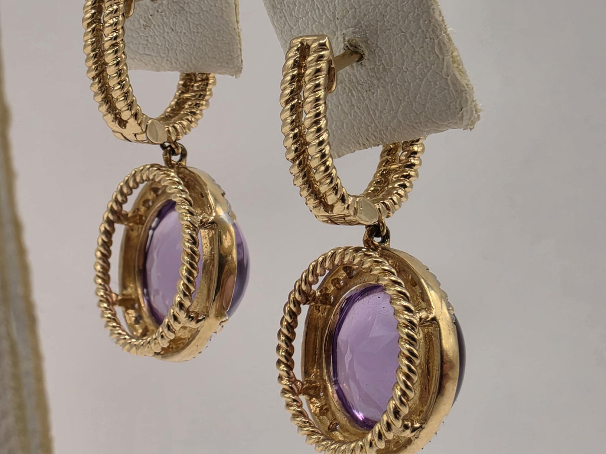 14K Yellow Gold 10.16 CT Amethyst Drop Earrings, Diamond Accents, 7.9g Estate Fine Jewelry