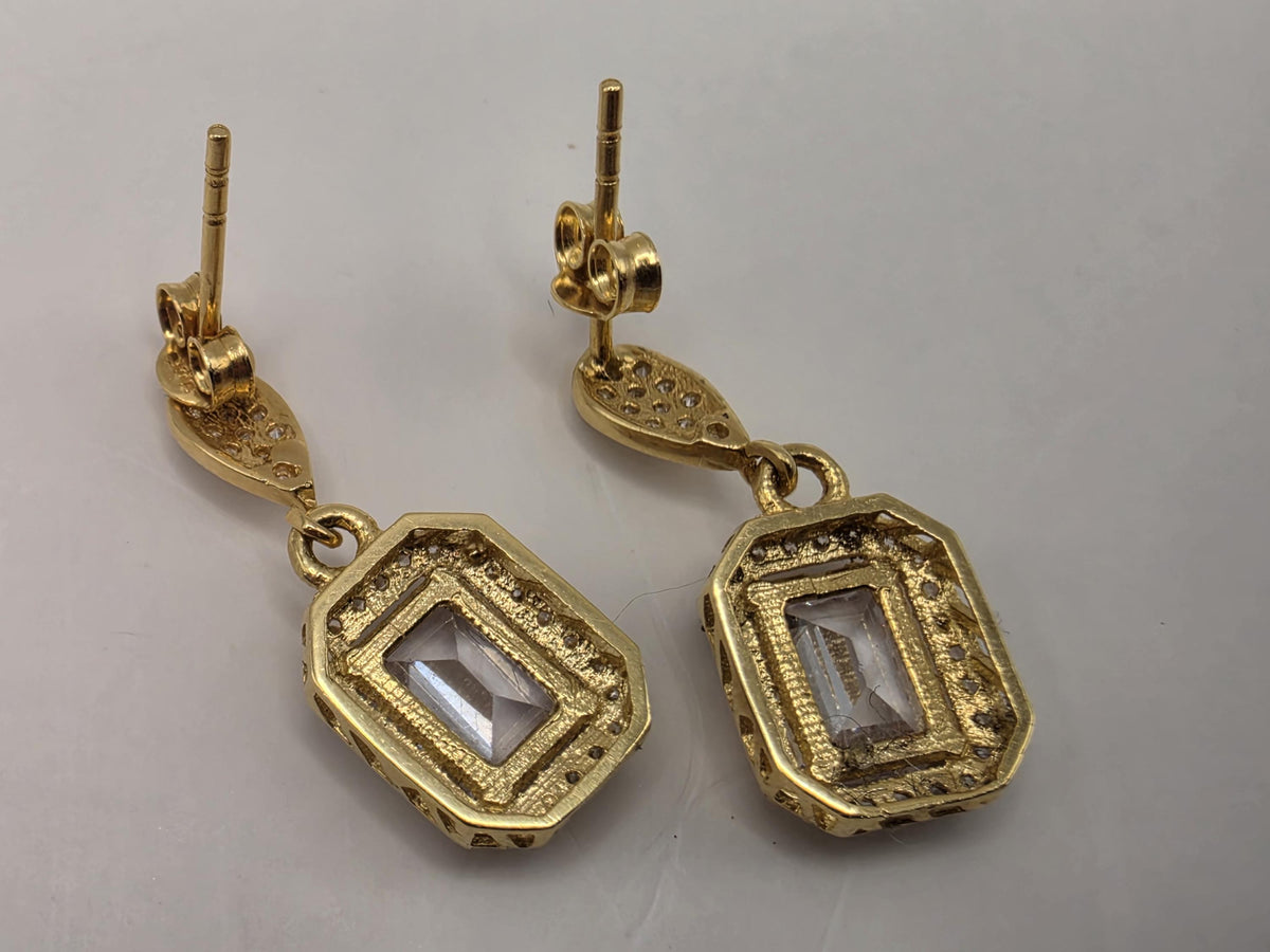 18K Yellow Gold Emerald-Cut Clear Stone Drop Earrings, Lab-Grown Diamond Halo, 3.6g Fine Jewelry