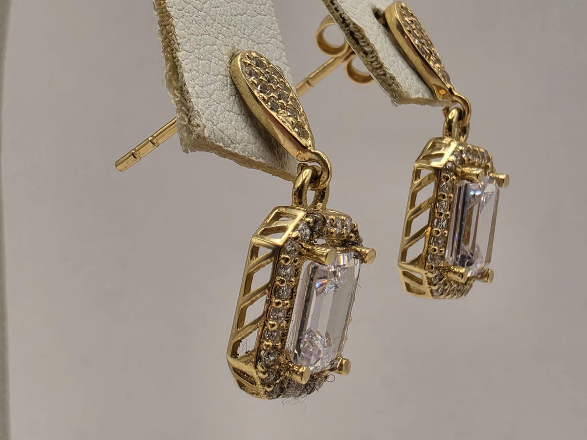 18K Yellow Gold Emerald-Cut Clear Stone Drop Earrings, Lab-Grown Diamond Halo, 3.6g Fine Jewelry