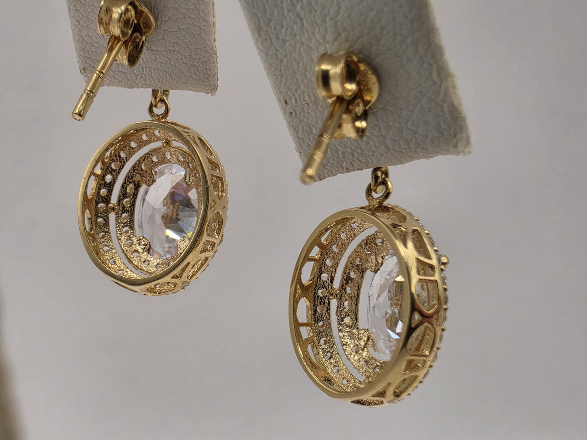 18K Yellow Gold Oval Clear Stone Drop Earrings, Lab-Grown Diamond Double Halo, 4.3g Fine Jewelry