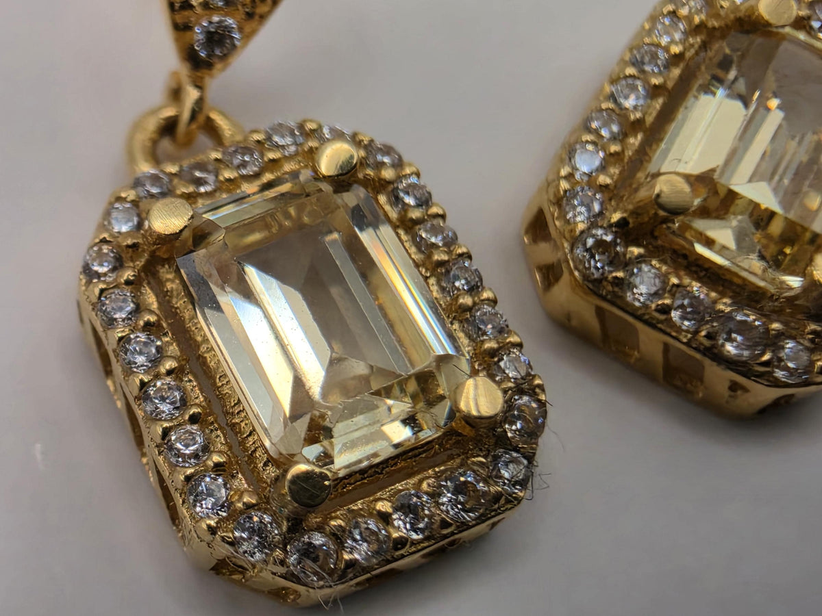 18K Yellow Gold Yellow Sapphire Drop Earrings, Lab-Grown Diamond Halo, 3.6g Fine Jewelry