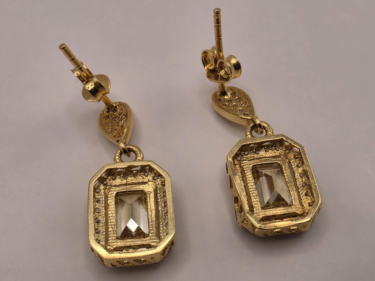 18K Yellow Gold Yellow Sapphire Drop Earrings, Lab-Grown Diamond Halo, 3.6g Fine Jewelry