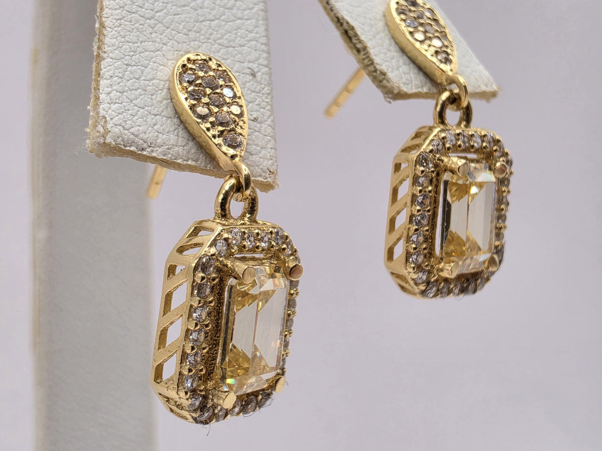 18K Yellow Gold Yellow Sapphire Drop Earrings, Lab-Grown Diamond Halo, 3.6g Fine Jewelry