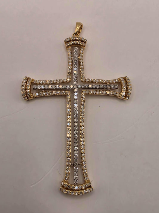 14K Yellow Gold Natural Diamond Ornate Cross Pendant 2 x 1.375" 6.1g
