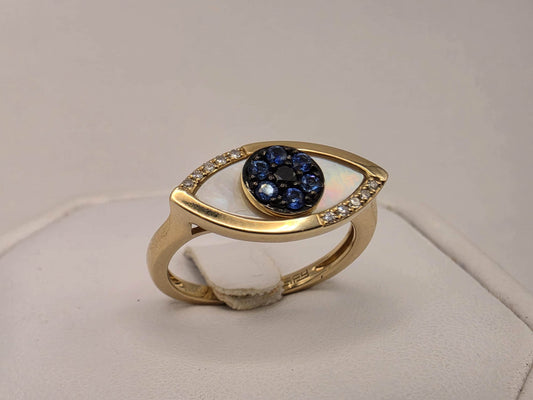 14K Yellow Gold Blue Sapphire Mother of Pearl Diamond Evil Eye Ring Size 7 4g Solid Gold Protection Amulet Fine Jewelry