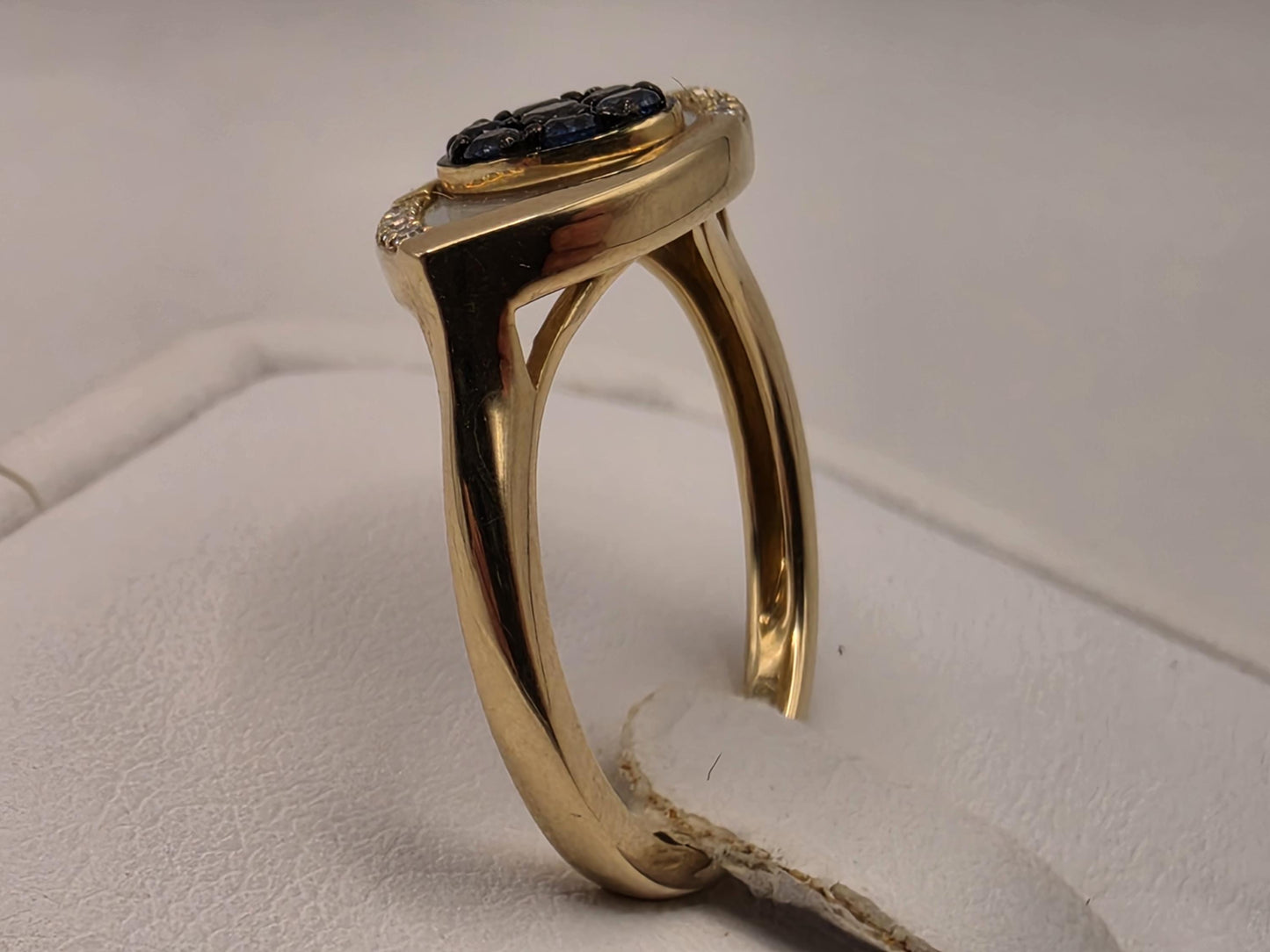 14K Yellow Gold Blue Sapphire Mother of Pearl Diamond Evil Eye Ring Size 7 4g Solid Gold Protection Amulet Fine Jewelry