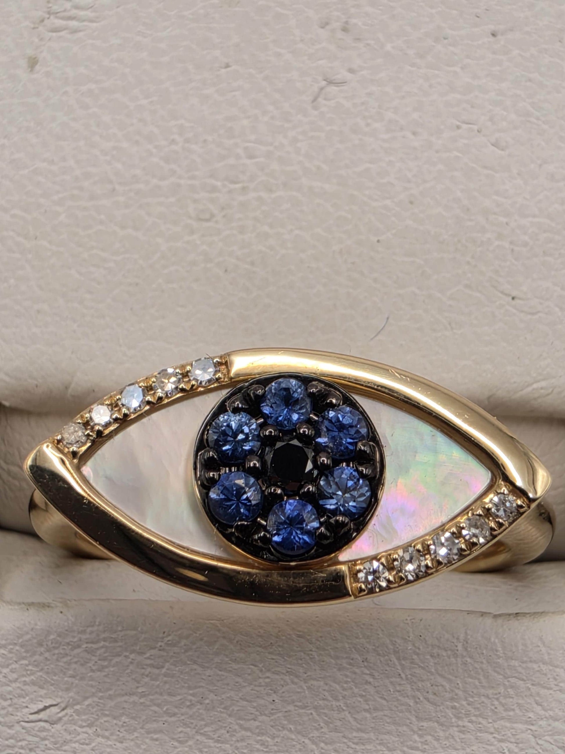 14K Yellow Gold Blue Sapphire Mother of Pearl Diamond Evil Eye Ring Size 7 4g Solid Gold Protection Amulet Fine Jewelry