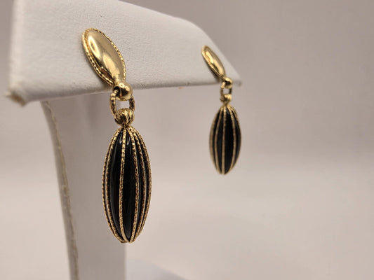 14K Yellow Gold Black Onyx Fluted Drop Earrings 1 x 0.375 Inch 4.4g Solid Gold Fine Jewelry Gift for Her