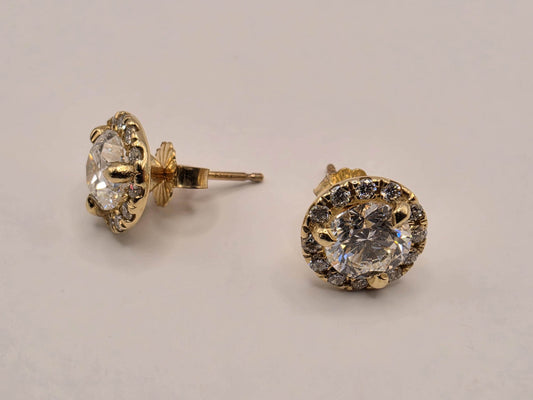 14K Yellow Gold CZ Halo Stud Earrings 0.375 Inch 2.4g Cubic Zirconia Solid Gold Fine Jewelry Gift for Her