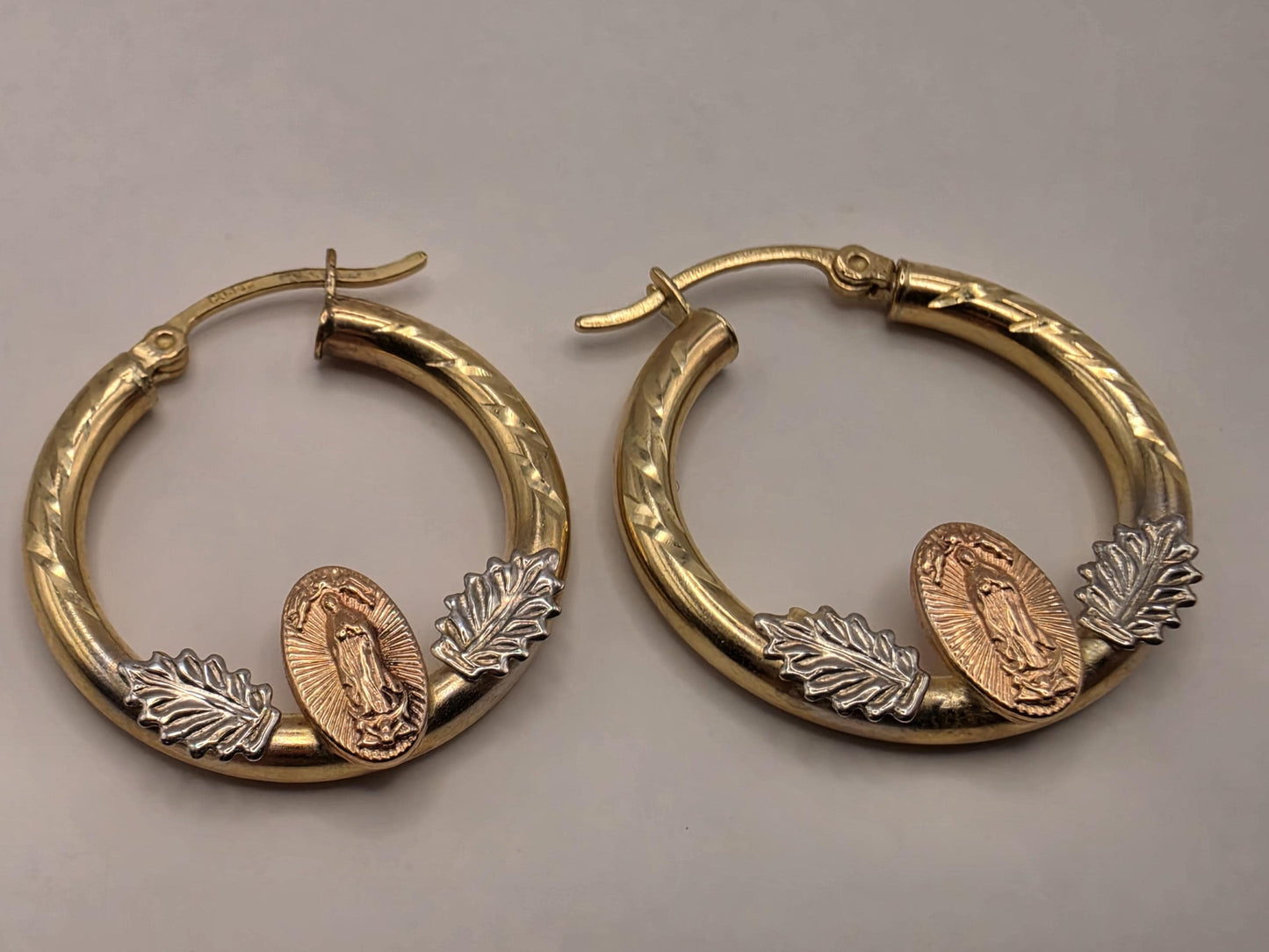 14K Tri-Color Gold Virgin Mary Hoop Earrings 1 Inch 2.4g Solid Gold Religious Fine Jewelry Gift