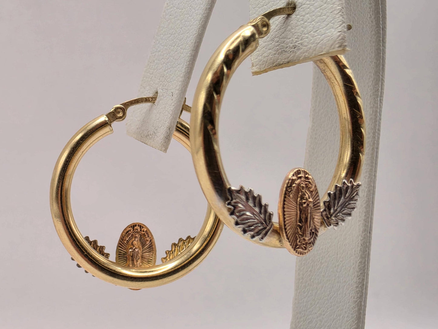 14K Tri-Color Gold Virgin Mary Hoop Earrings 1 Inch 2.4g Solid Gold Religious Fine Jewelry Gift