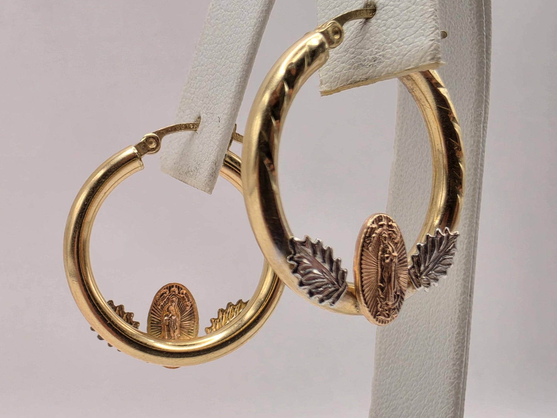 14K Tri-Color Gold Virgin Mary Hoop Earrings 1 Inch 2.4g Solid Gold Religious Fine Jewelry Gift