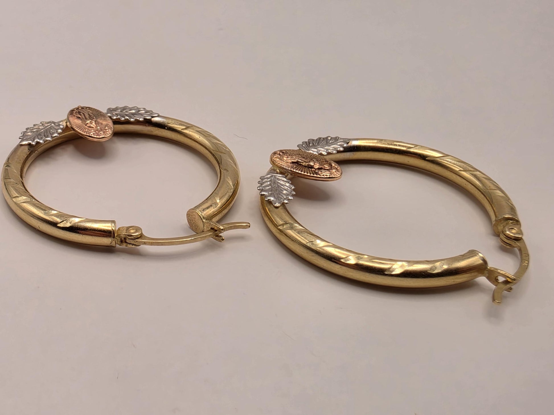 14K Tri-Color Gold Virgin Mary Hoop Earrings 1.125 Inch 2.7g Solid Gold Religious Fine Jewelry Gift