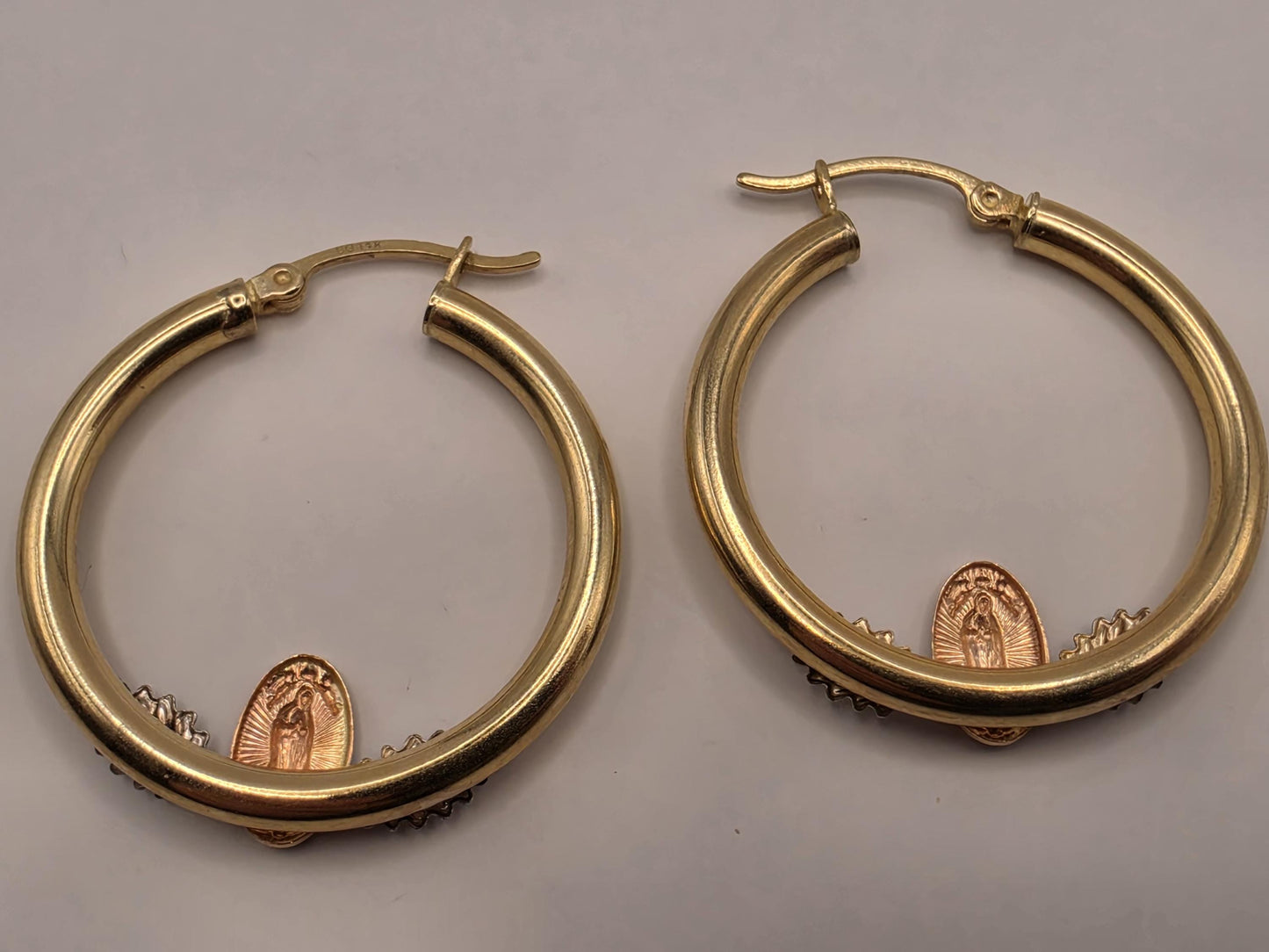 14K Tri-Color Gold Virgin Mary Hoop Earrings 1.125 Inch 2.7g Solid Gold Religious Fine Jewelry Gift