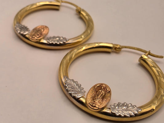 14K Tri-Color Gold Virgin Mary Hoop Earrings 1.125 Inch 2.7g Solid Gold Religious Fine Jewelry Gift