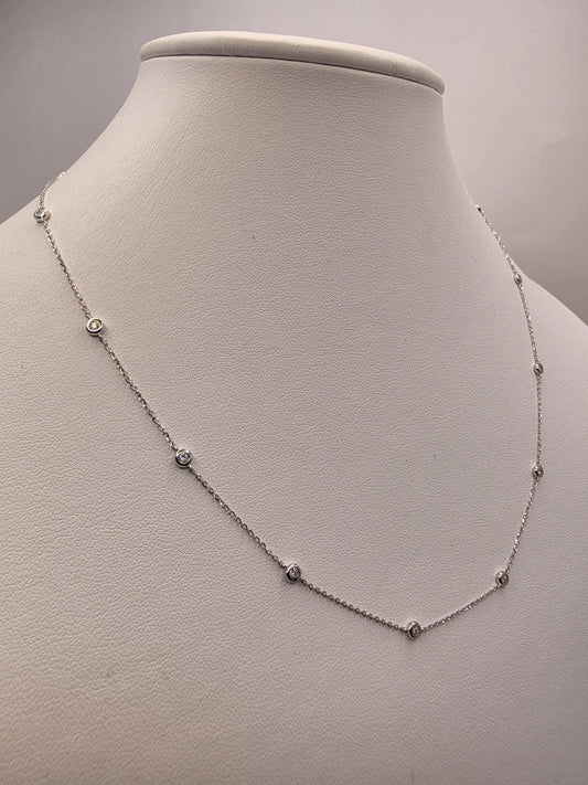 14K White Gold Natural Diamond Station Necklace 18" 2.4g