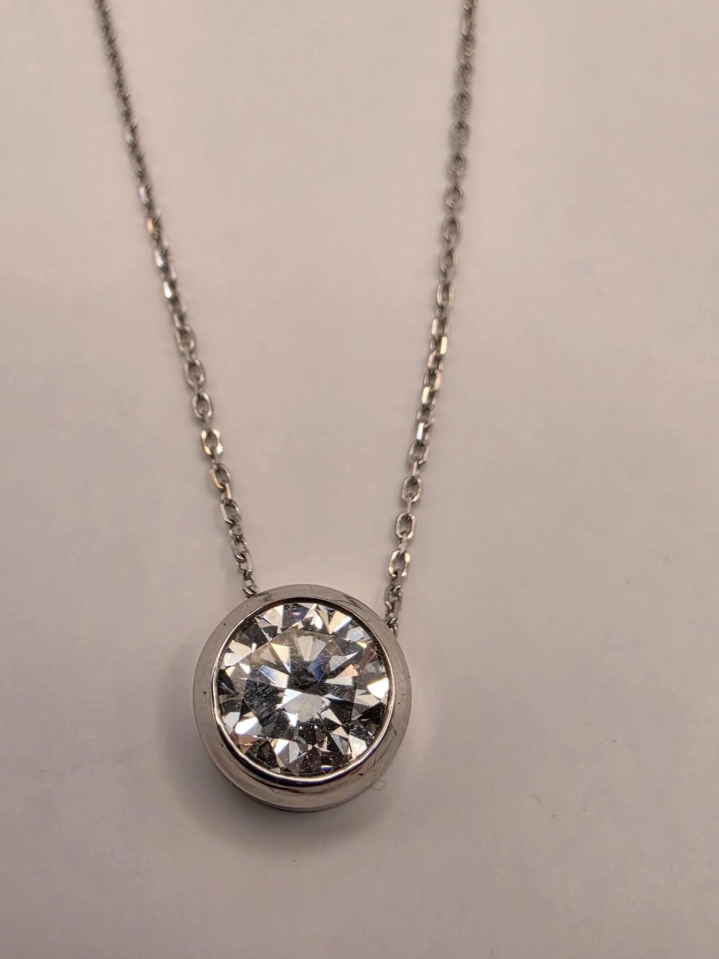 14K White Gold Lab Diamond Bezel Solitaire Necklace 18" 2.1g