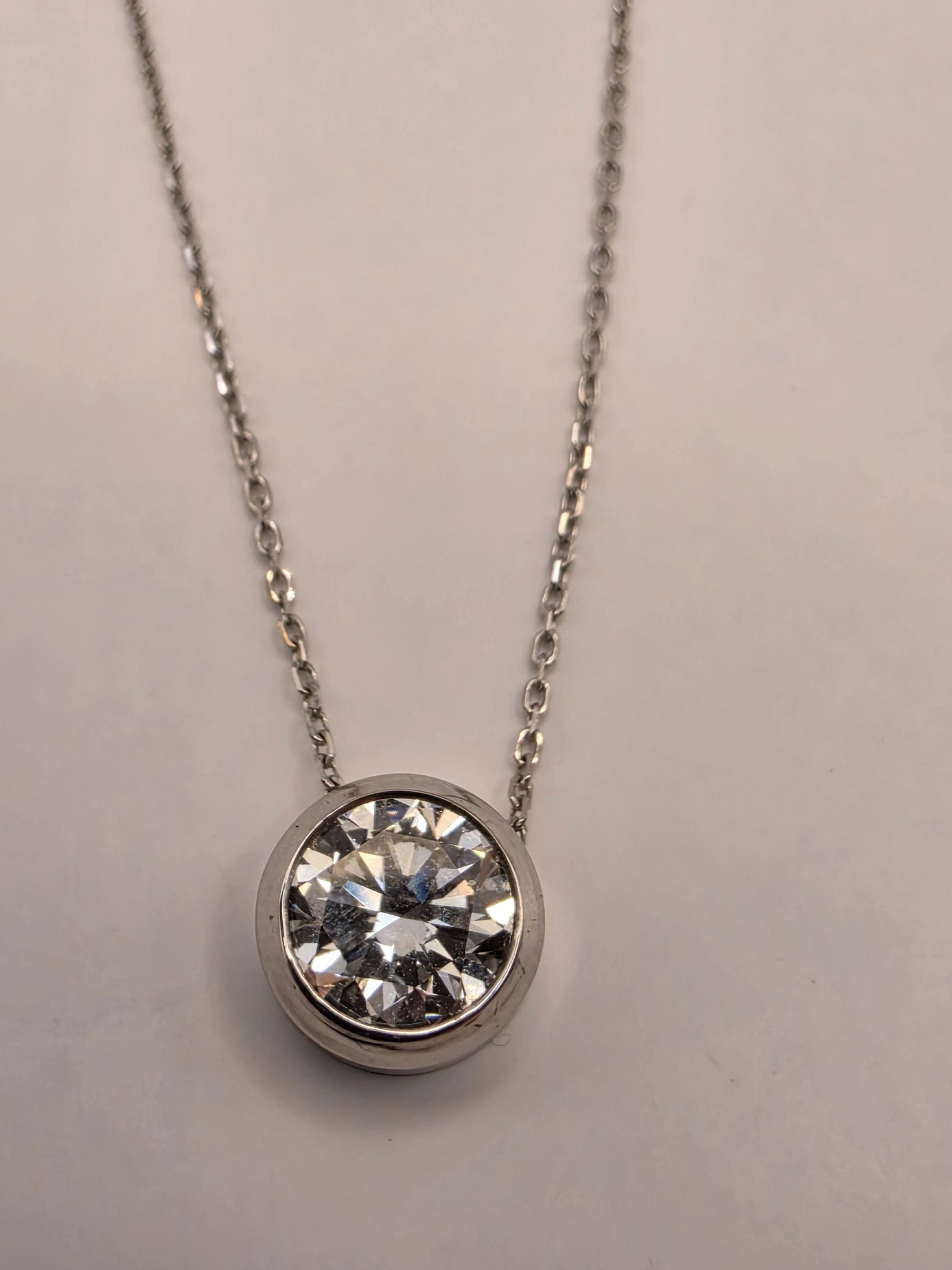 14K White Gold Lab Diamond Bezel Solitaire Necklace 18" 2.1g