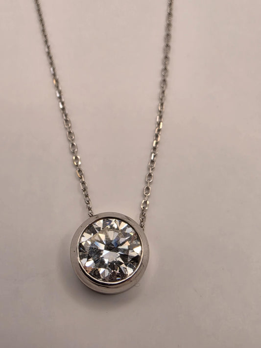 14K White Gold Lab Diamond Bezel Solitaire Necklace 18" 2.1g