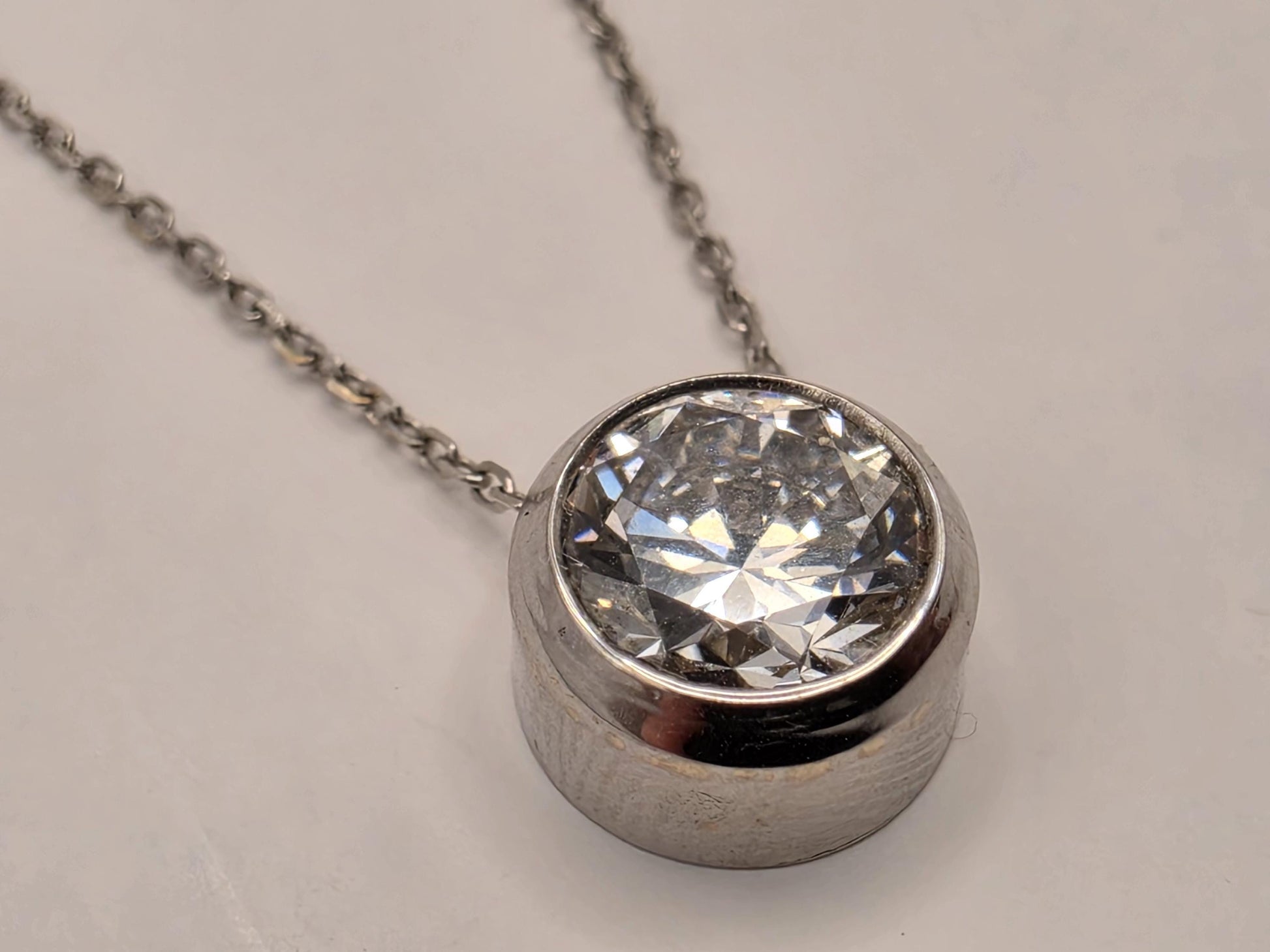 14K White Gold Lab Diamond Bezel Solitaire Necklace 18 Inch 2.1g Solid Gold Fine Jewelry Gift for Her