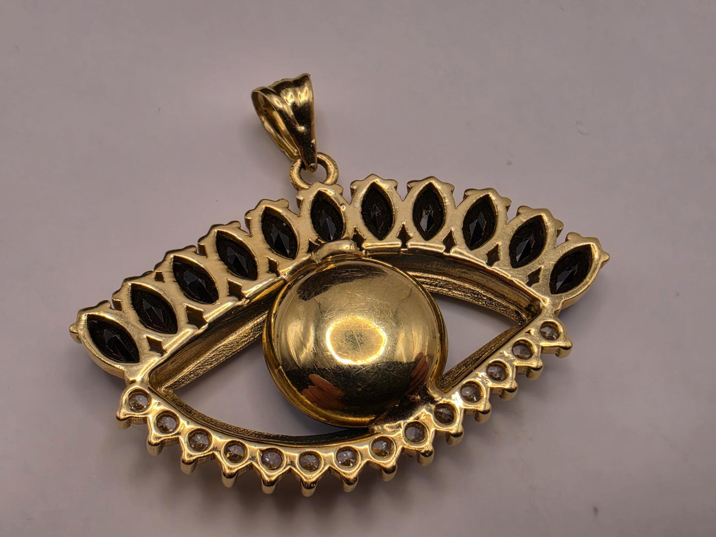 14K Yellow Gold Enamel Onyx CZ Evil Eye Pendant 0.75 x 1.75 Inch 5.6g Cubic Zirconia Solid Gold Protection Amulet Fine Jewelry