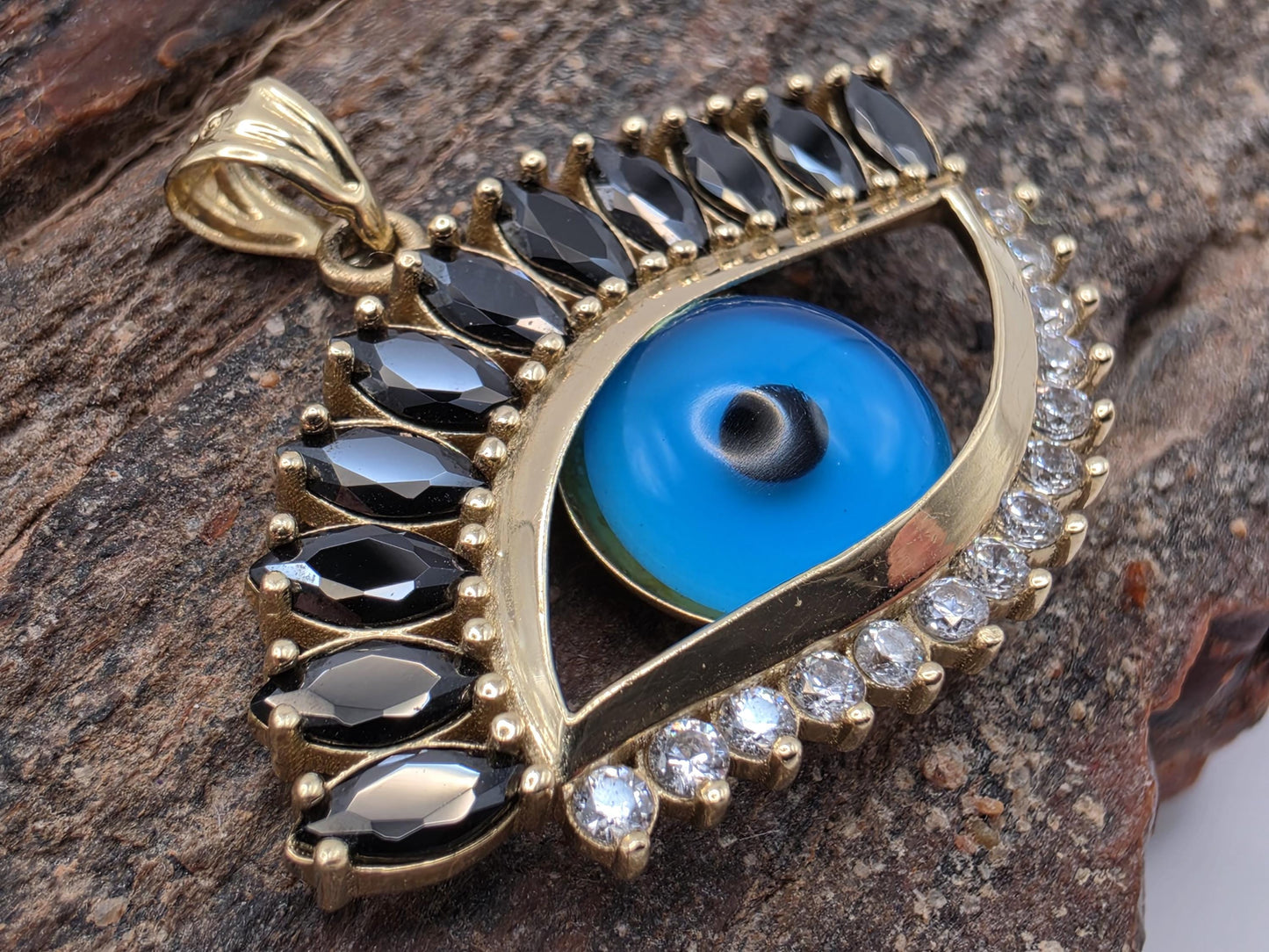 14K Yellow Gold Enamel Onyx CZ Evil Eye Pendant 0.75 x 1.75 Inch 5.6g Cubic Zirconia Solid Gold Protection Amulet Fine Jewelry