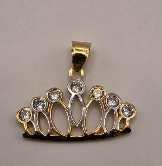 18K Yellow Gold CZ Tiara Crown Pendant 0.5 x 0.75 Inch 0.7g Cubic Zirconia Solid Gold Fine Jewelry Charm Gift